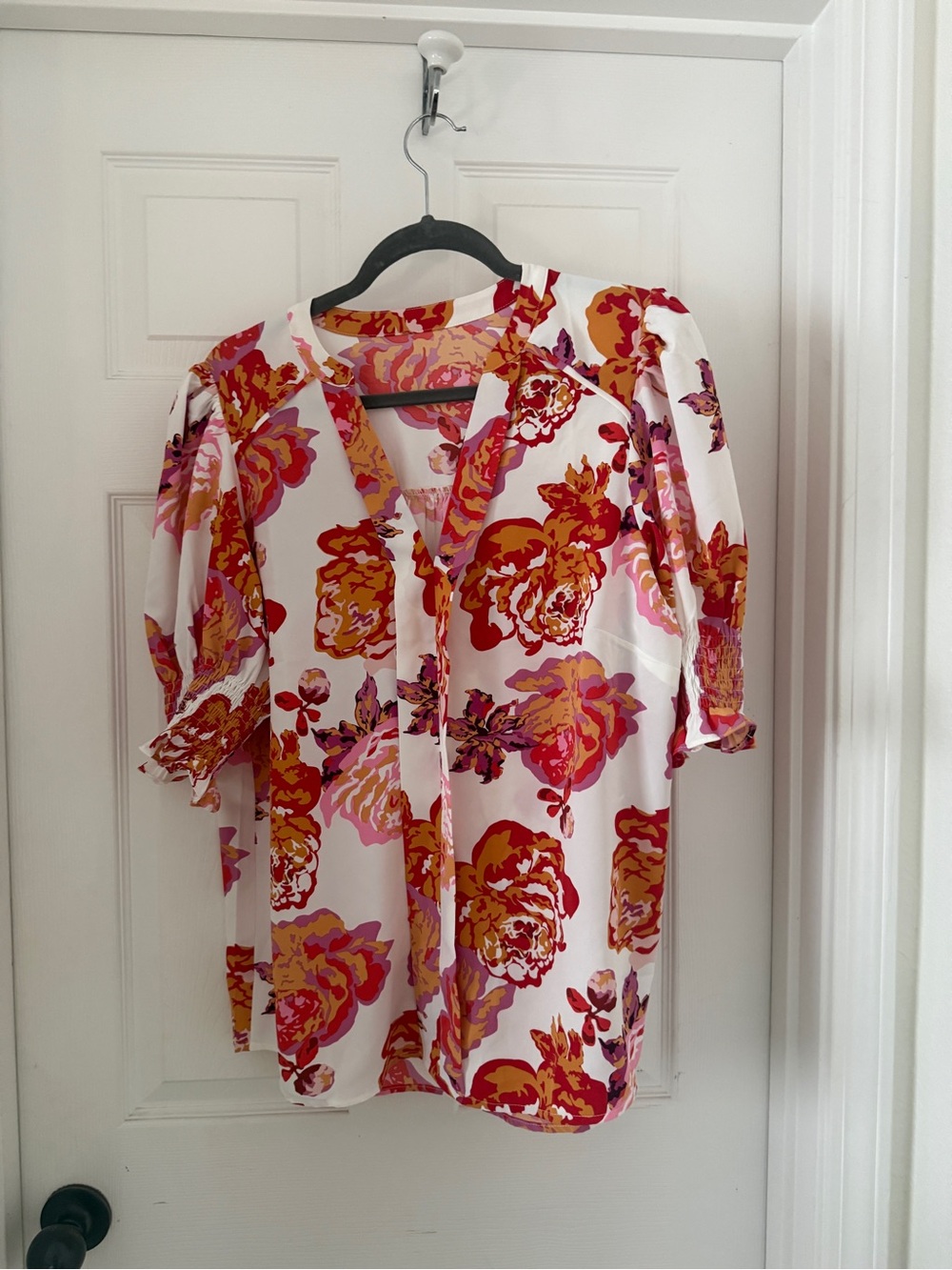 Women’s Floral V-Neck Blouse - White with Pink & Orange Print